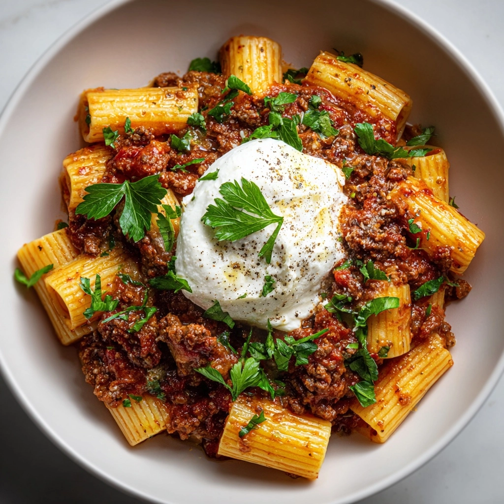 Grandma’s Meat Sauce Pasta with Burrata Recipe - Recipe Image