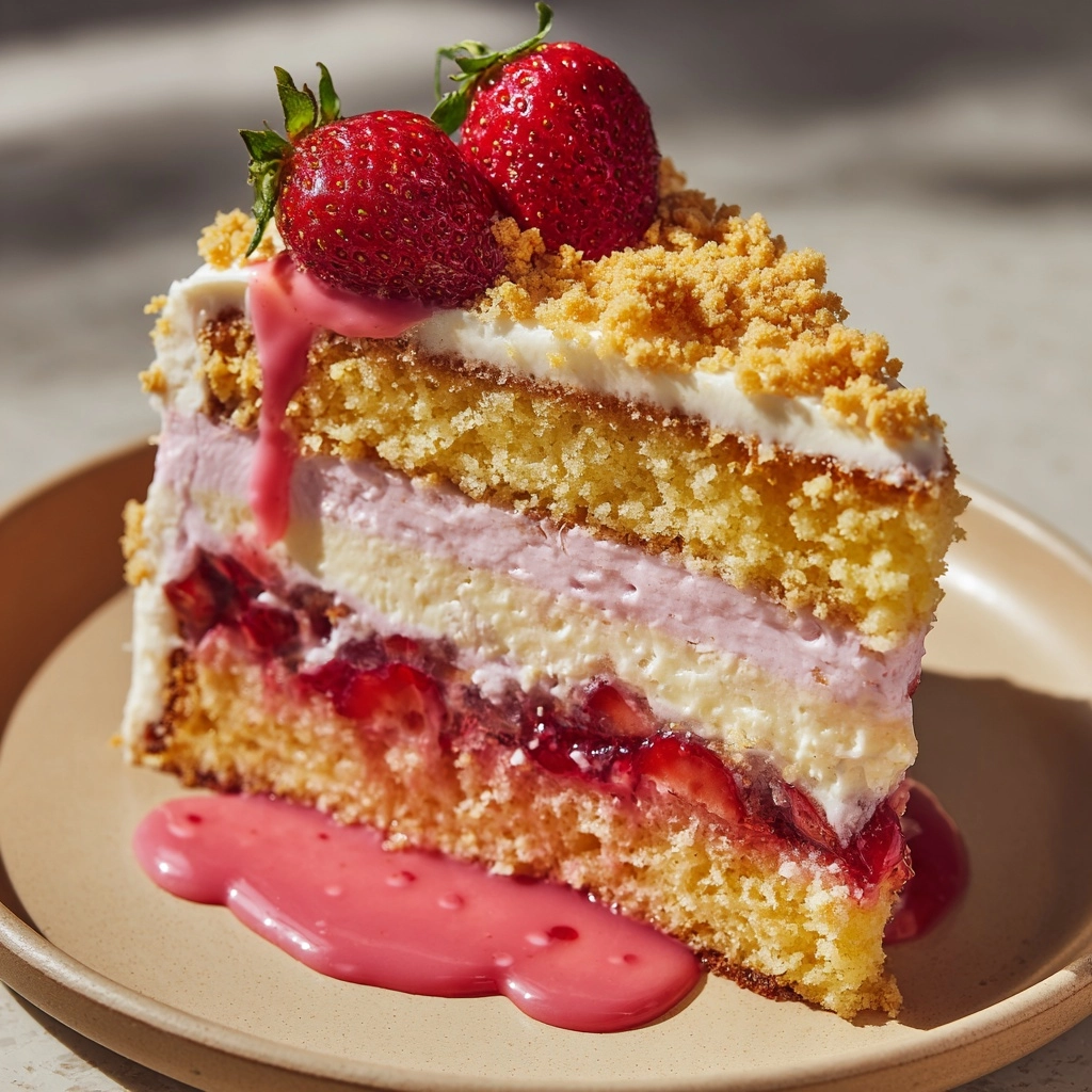 Strawberry Lemon Crunch Cake Slice with Strawberry Red Cream Cheese Icing Recipe - Recipe Image