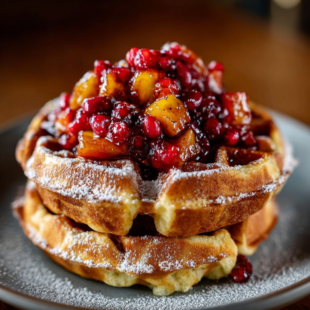 French Toast Waffles with Peach Sauce Recipe - Recipe Image