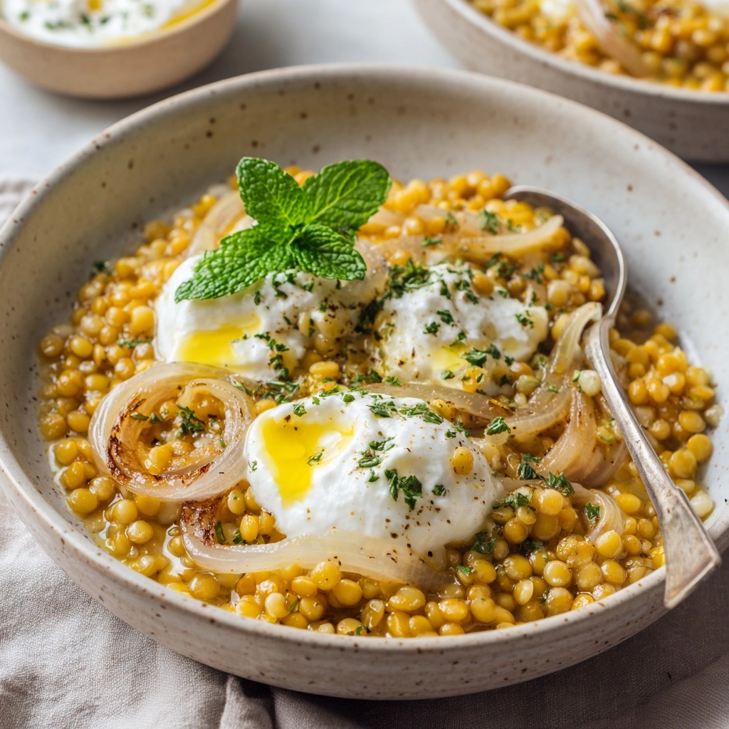 Mujaddarat Bulgur with Cucumber Mint Yogurt Recipe - Recipe Image