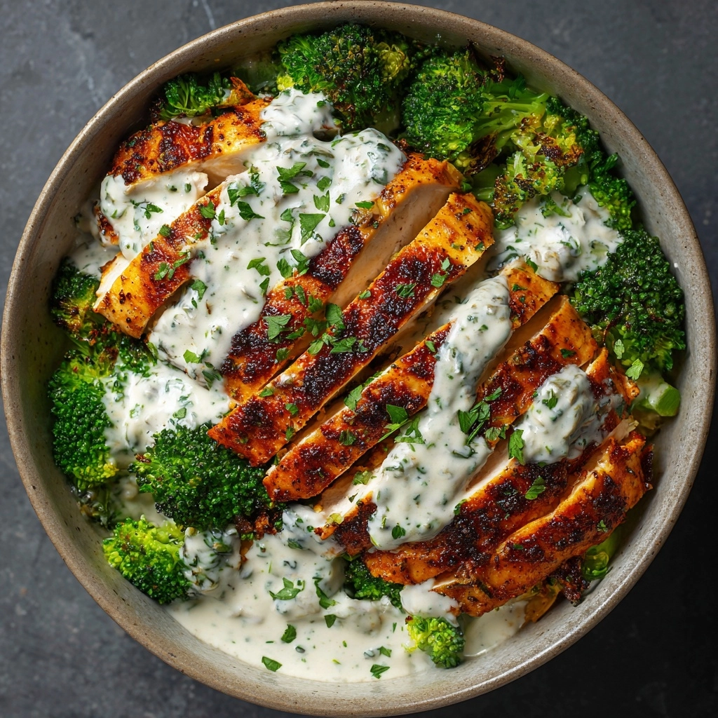 Grilled Chicken & Broccoli Bowls with Creamy Garlic Sauce Recipe