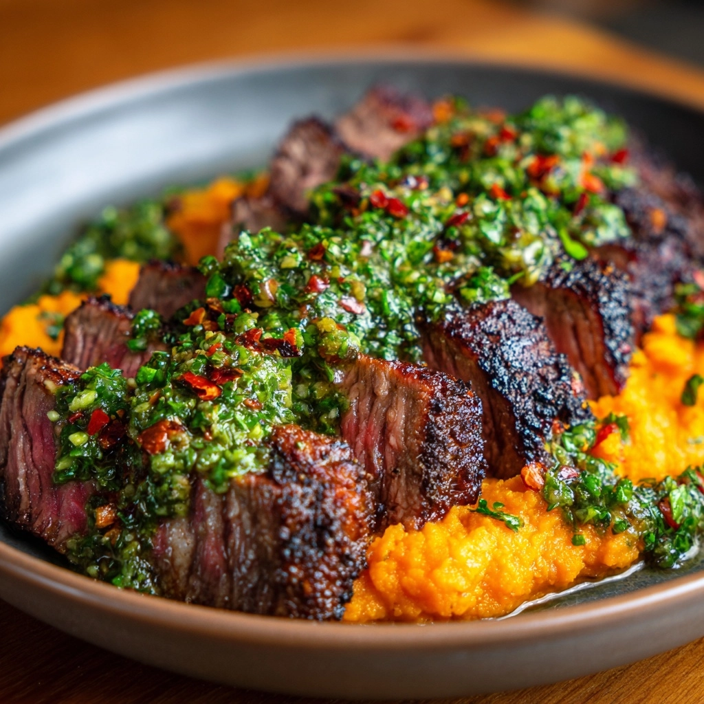 Steak with Green Sauce and Mashed Sweet Potatoes Recipe - Recipe Image
