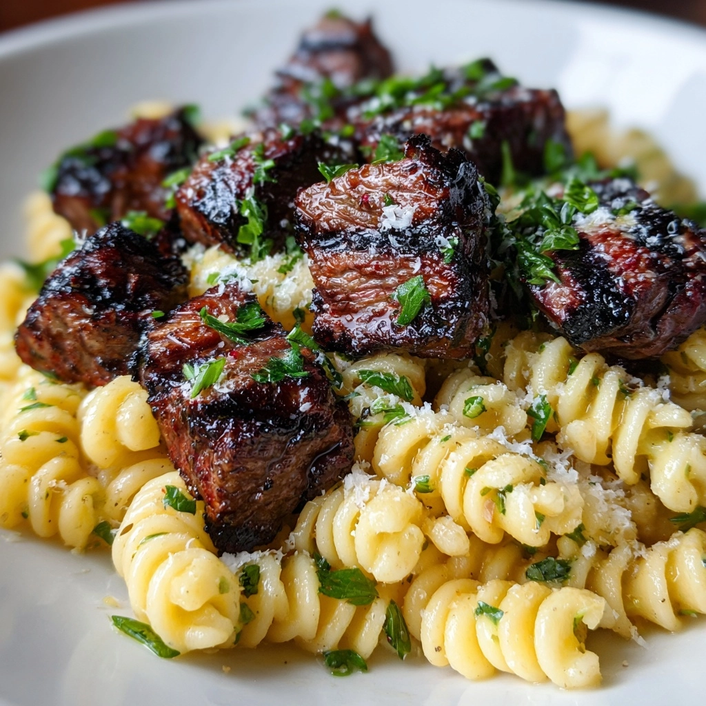 Steak Bites and Rotini in Garlic Parmesan Sauce Recipe - Recipe Image