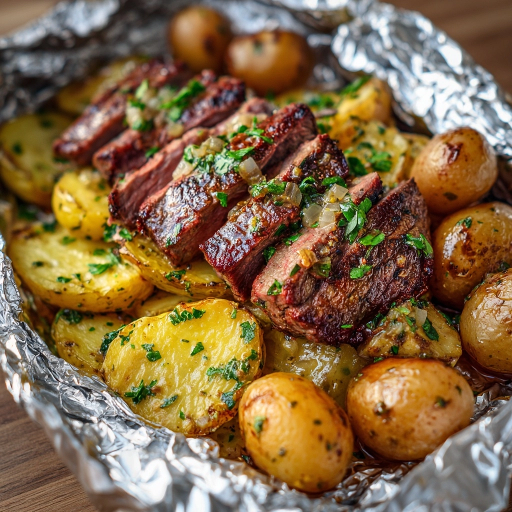 Garlic Butter Steak and Potato Foil Packets Recipe - Recipe Image
