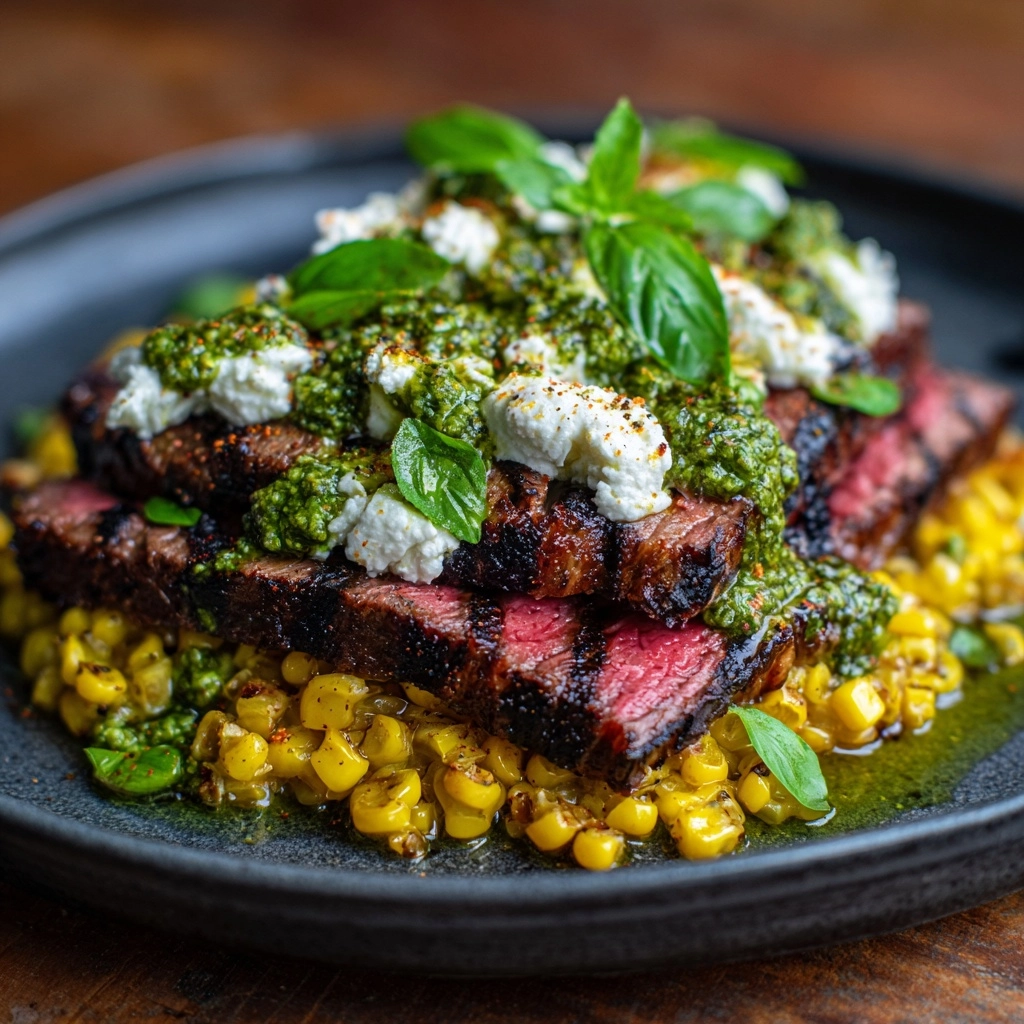 Grilled Flank Steak with Burrata & Pesto Recipe - Recipe Image