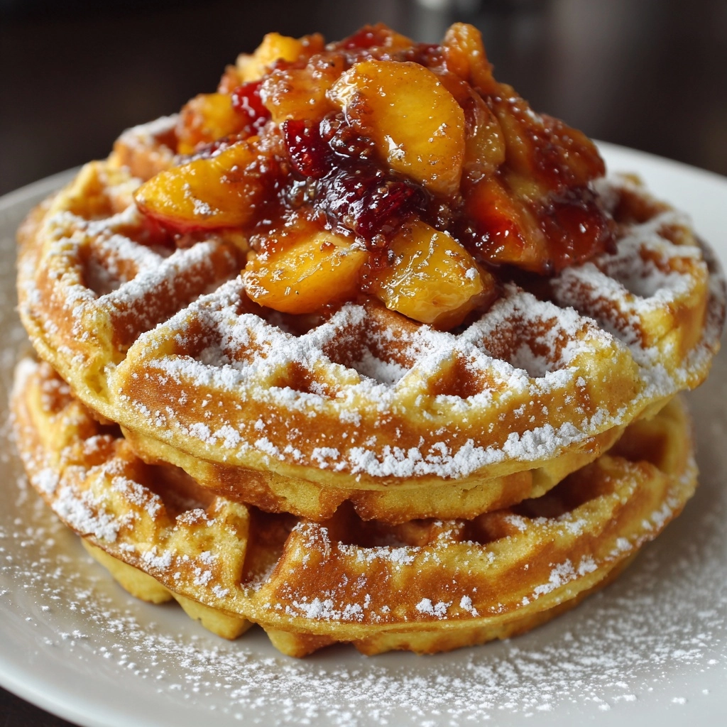 French Toast Waffles with Peach Sauce Recipe - Recipe Image