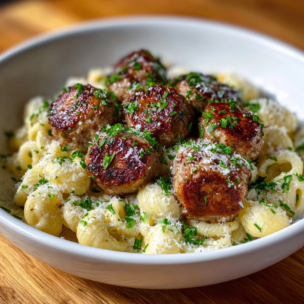 Garlic Butter Sausage Bites with Creamy Parmesan Pasta Recipe - Recipe Image