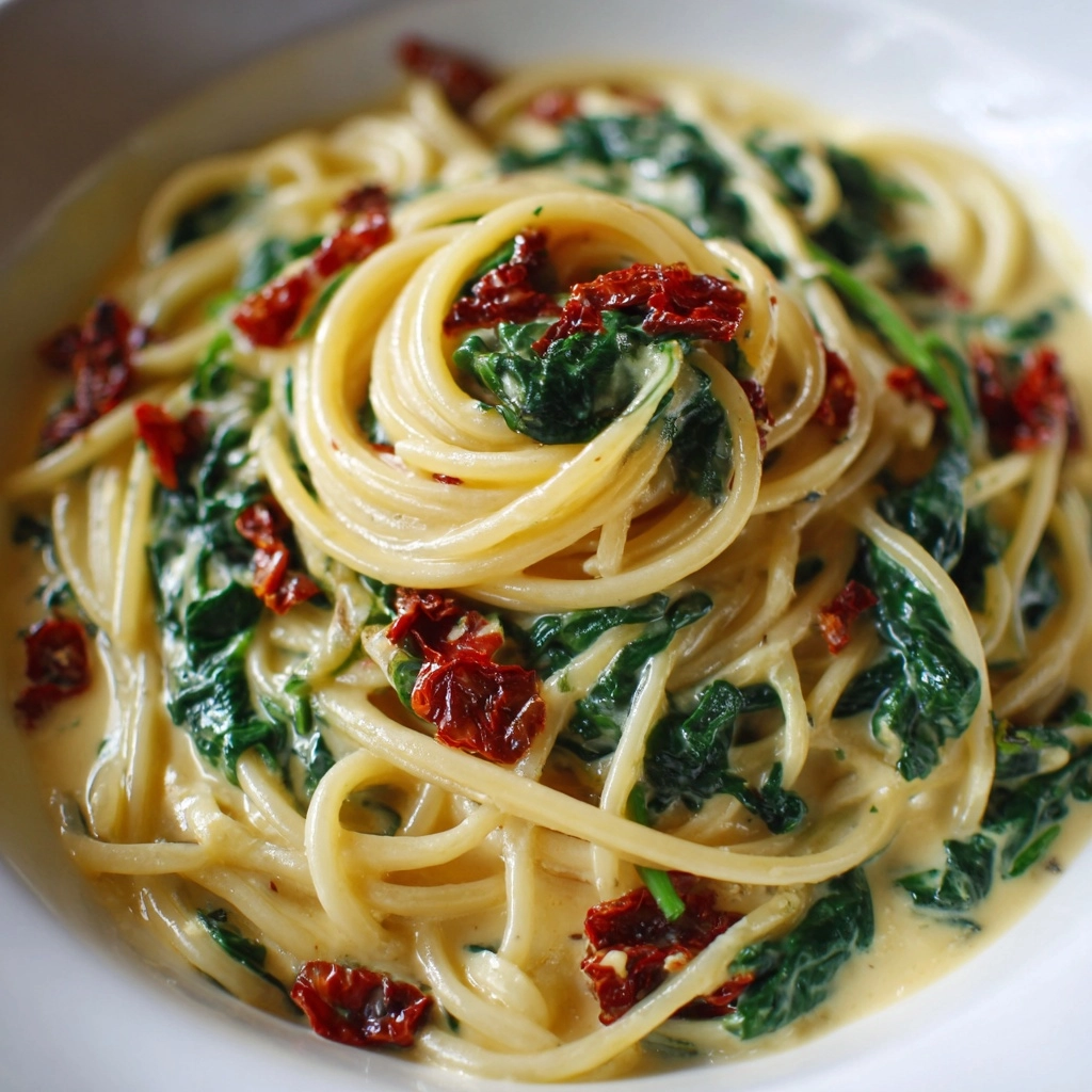 Spaghetti & Spinach with Sun-Dried Tomato Cream Sauce Recipe - Recipe Image