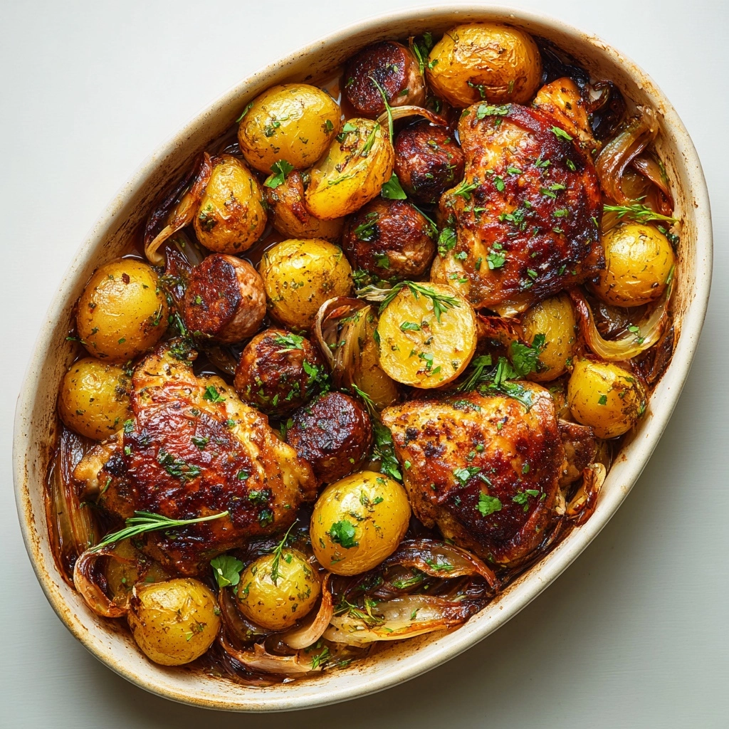 Roast Chicken, Sausage, and Potato Tray Roast Recipe - Recipe Image