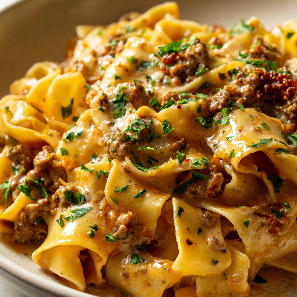 One-Pot Creamy Beef and Garlic Butter Pasta Recipe - Recipe Image