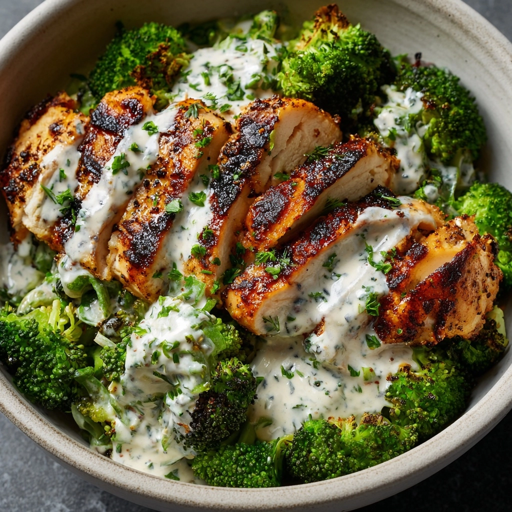 Grilled Chicken & Broccoli Bowls with Creamy Garlic Sauce Recipe - Recipe Image
