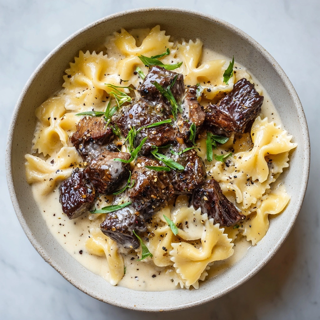 Beef and Bowtie Pasta with Alfredo Sauce Recipe - Recipe Image