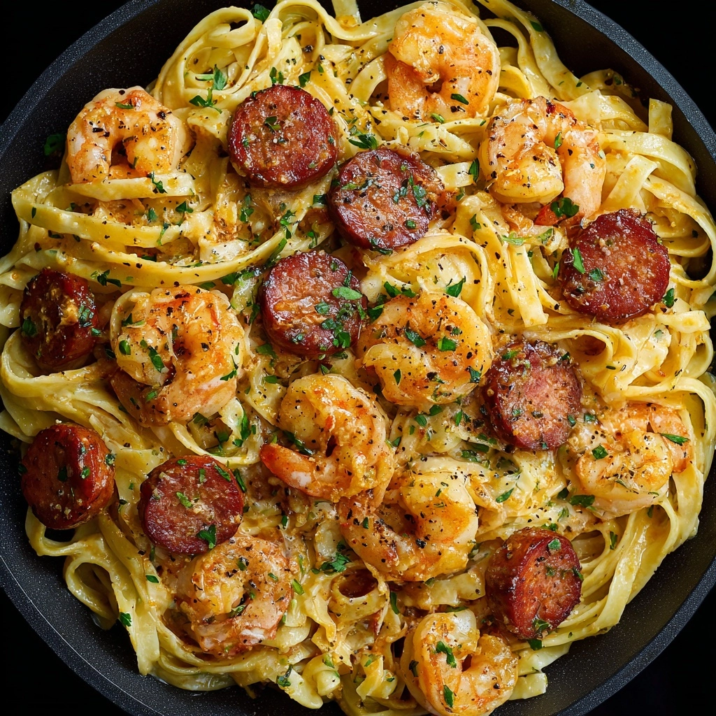 Garlic Butter Shrimp and Sausage Skillet Pasta Recipe - Recipe Image