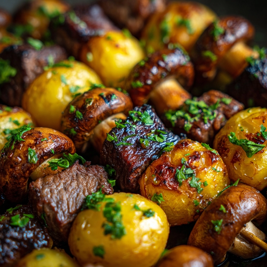 Grilled Steak, Potato, and Mushroom Kabobs Recipe - Recipe Image