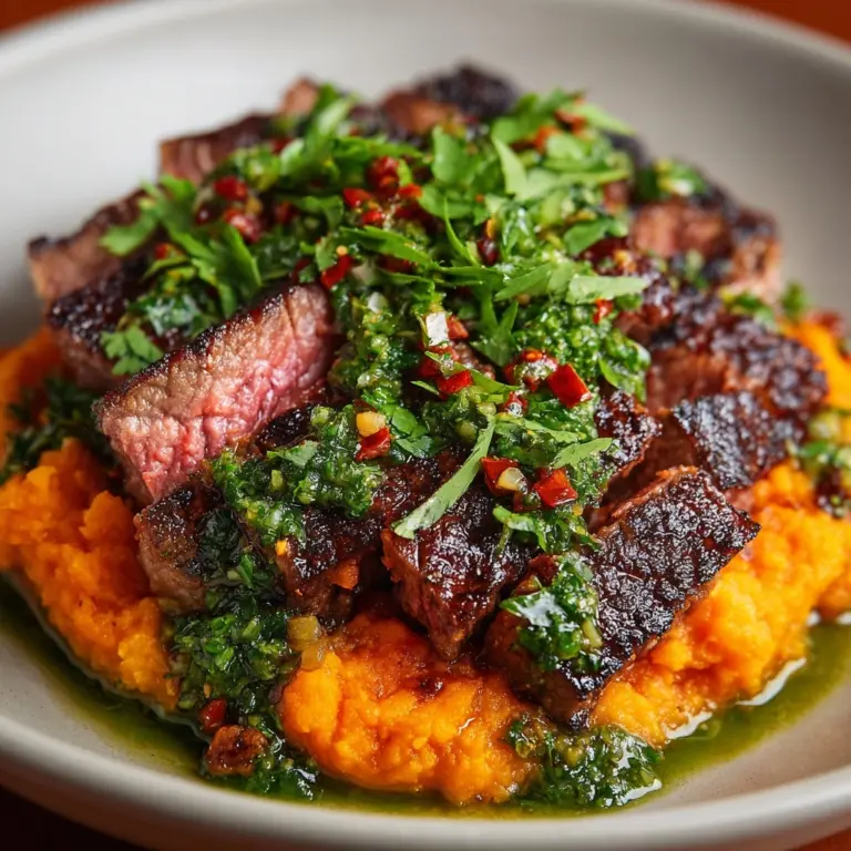 Steak with Green Sauce and Mashed Sweet Potatoes Recipe