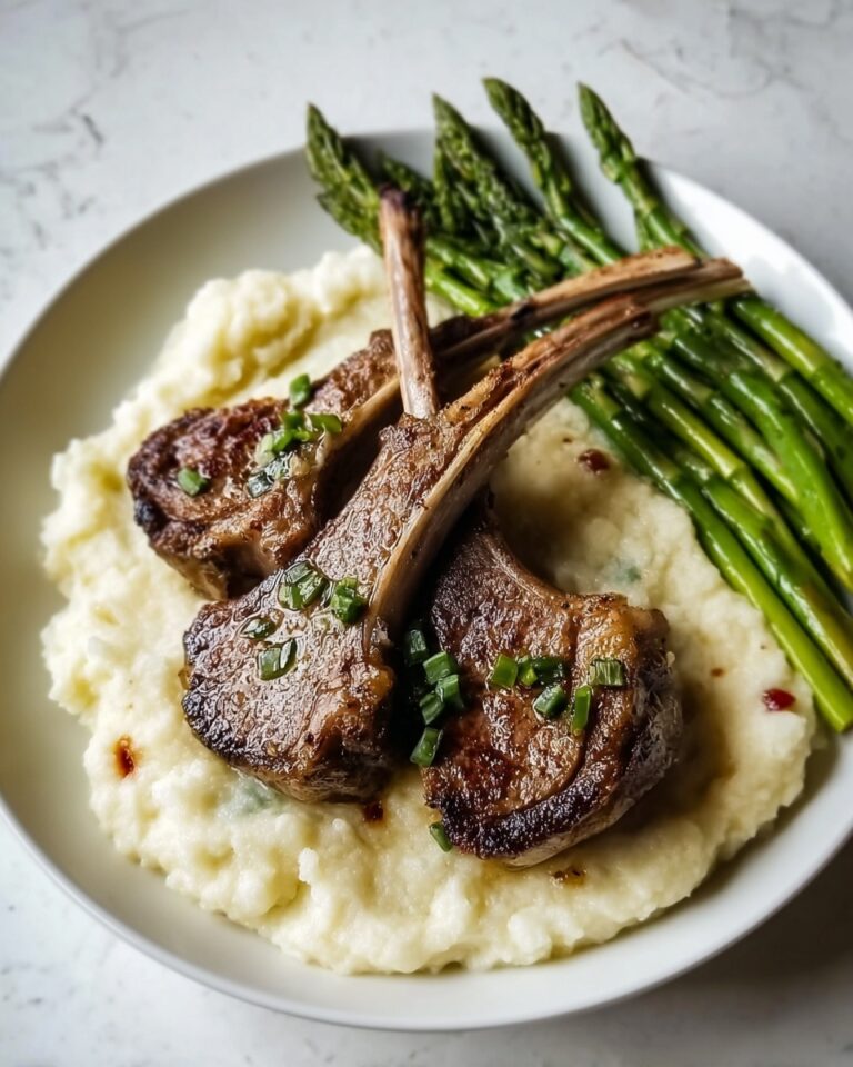 Herb-Crusted Lamb Chops with Mashed Potatoes, Asparagus, and Lobster Topping Recipe