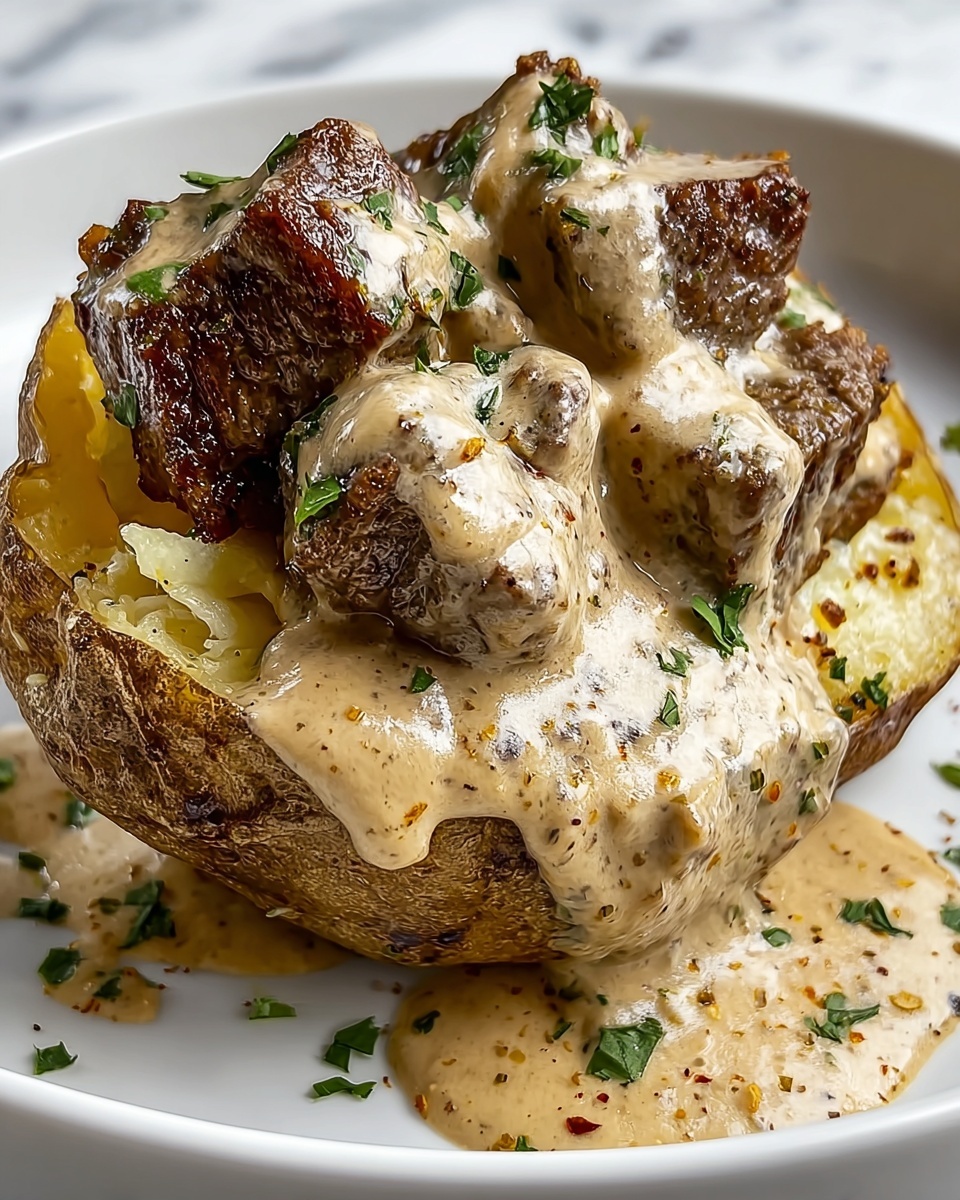 Loaded Baked Potato with Steak Bites and Parmesan Cream Sauce Recipe - Recipe Image