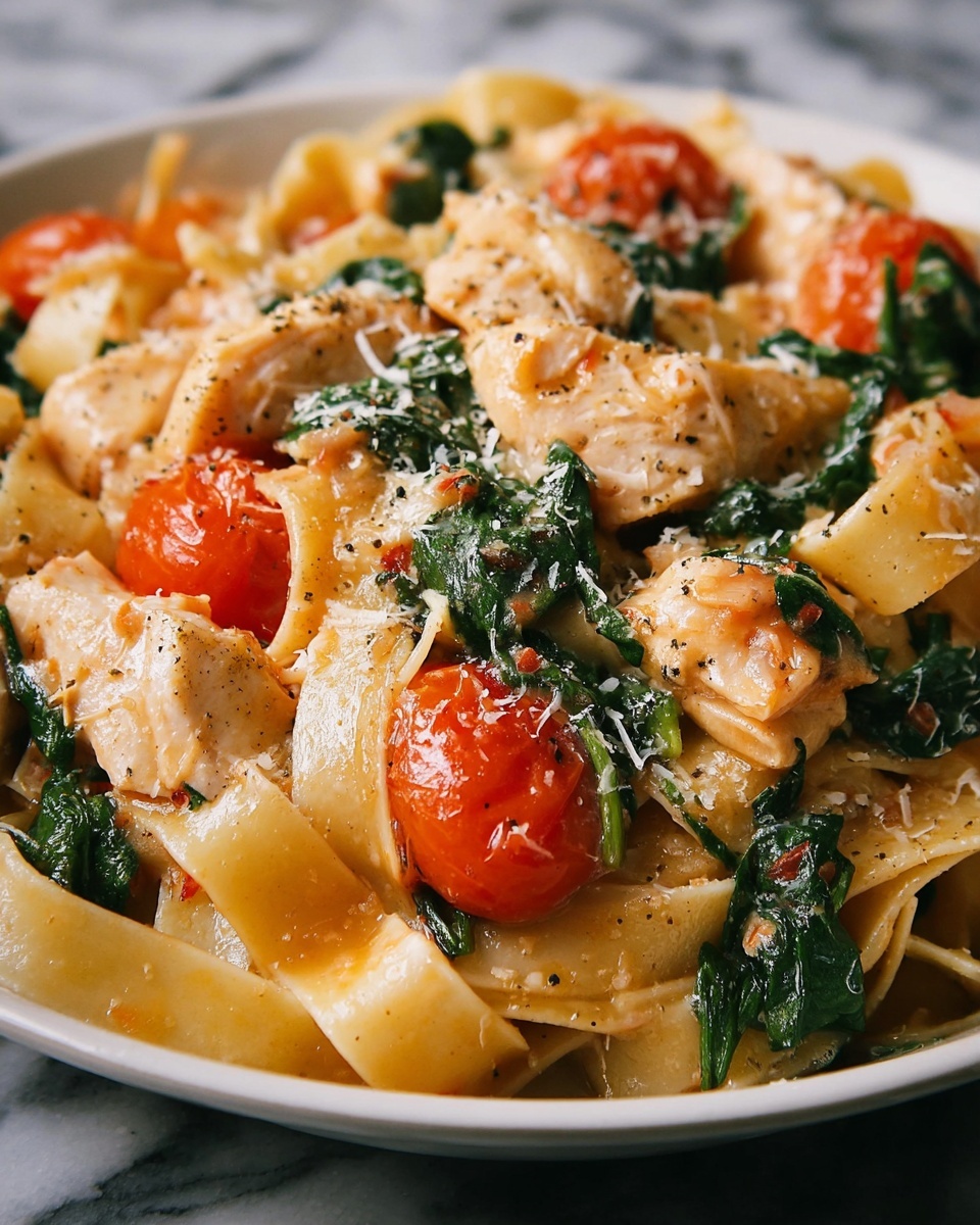 Creamy Garlic Tomato Chicken and Spinach Fettuccine Recipe - Recipe Image