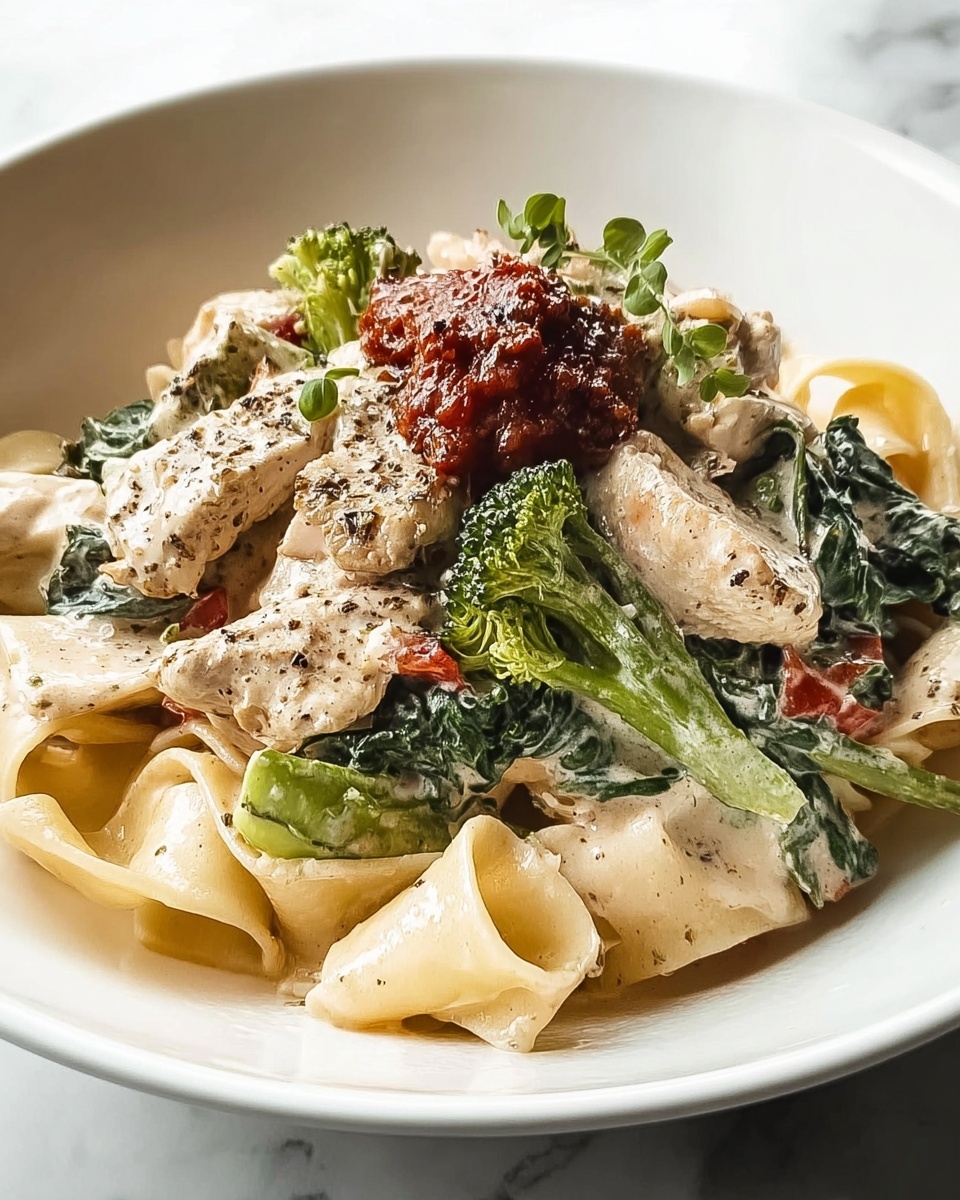 Creamy Chicken and Spinach Pasta with Broccoli Recipe - Recipe Image