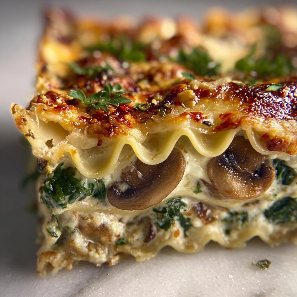 Creamy Spinach and Mushroom White Lasagna Recipe - Recipe Image