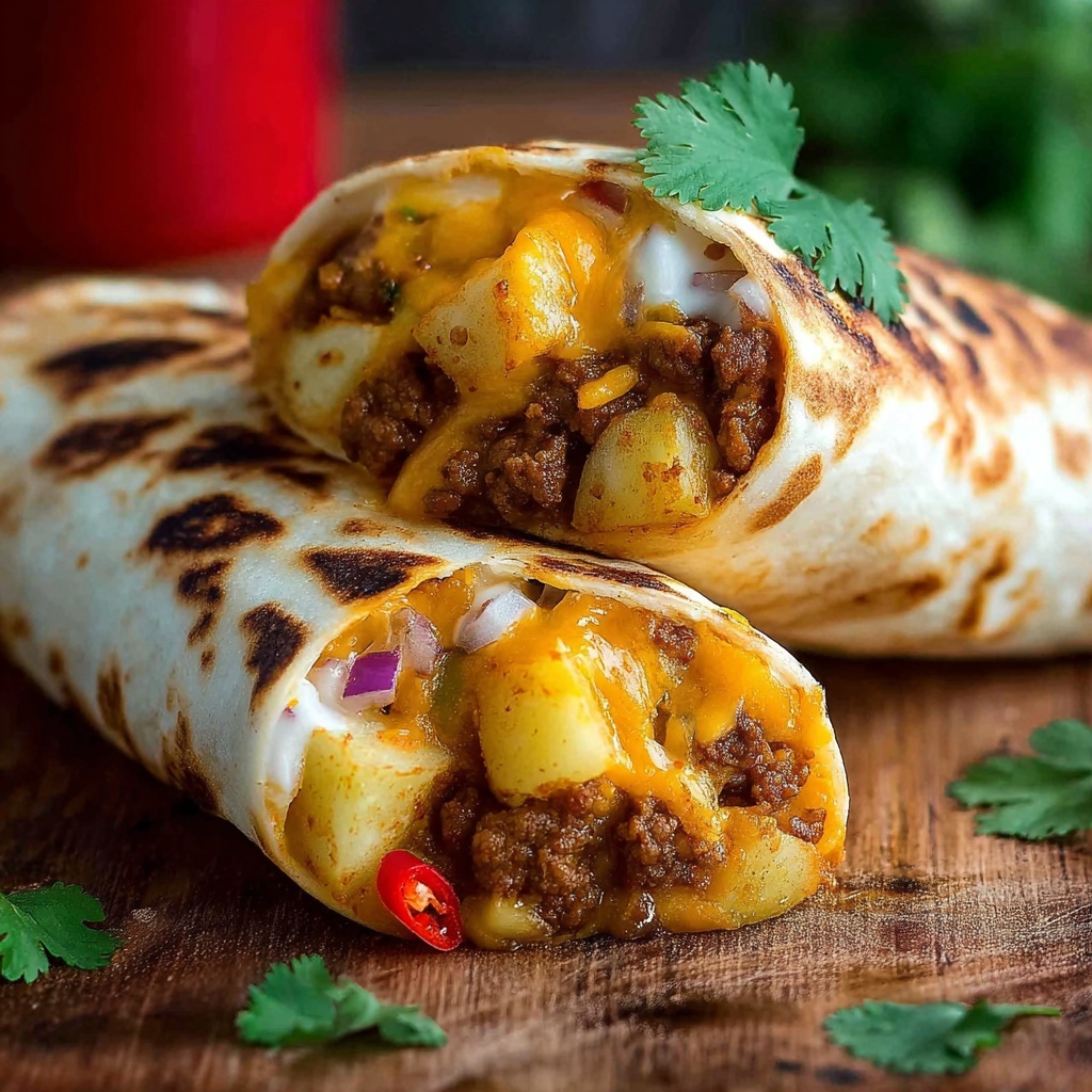 Cheesy Potato Beef Burritos Recipe - Recipe Image