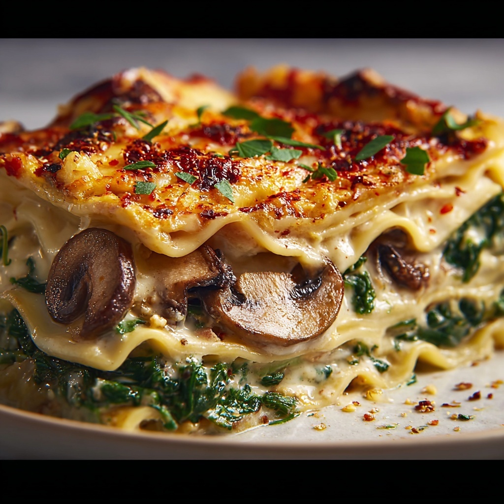 Creamy Spinach and Mushroom White Lasagna Recipe - Recipe Image