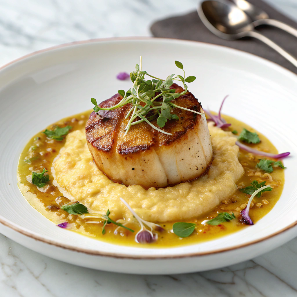 Seared Scallops with Smoky Sweet Corn Purée Recipe - Recipe Image