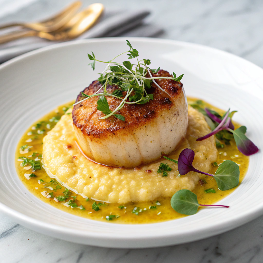 Seared Scallops with Smoky Sweet Corn Purée Recipe - Recipe Image