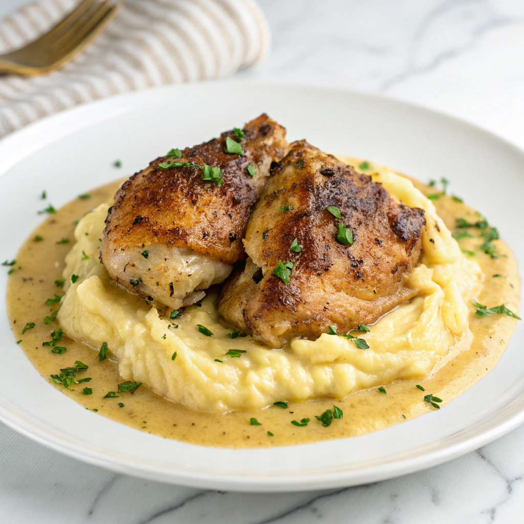 Vinegar-Braised Chicken with Herby Polenta Recipe - Recipe Image