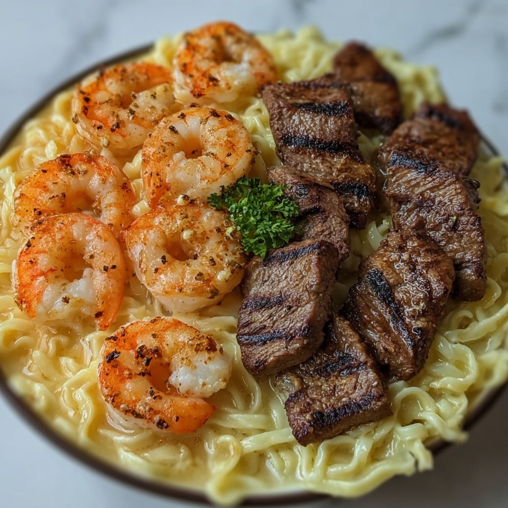 Blackened Steak and Shrimp Alfredo Recipe - Recipe Image