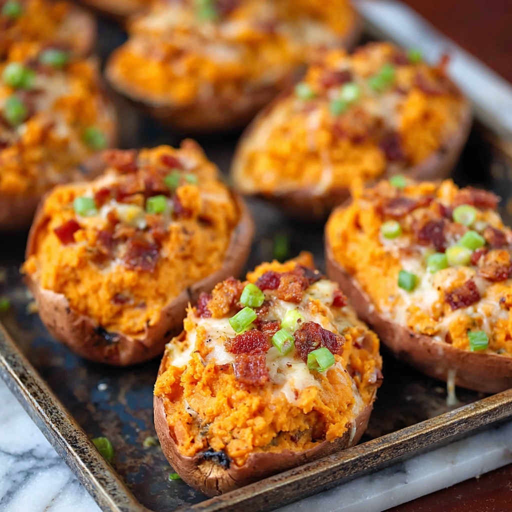 Twice Baked Sweet Potatoes with Bacon, Maple Syrup, and Smoked Cheddar Recipe - Recipe Image