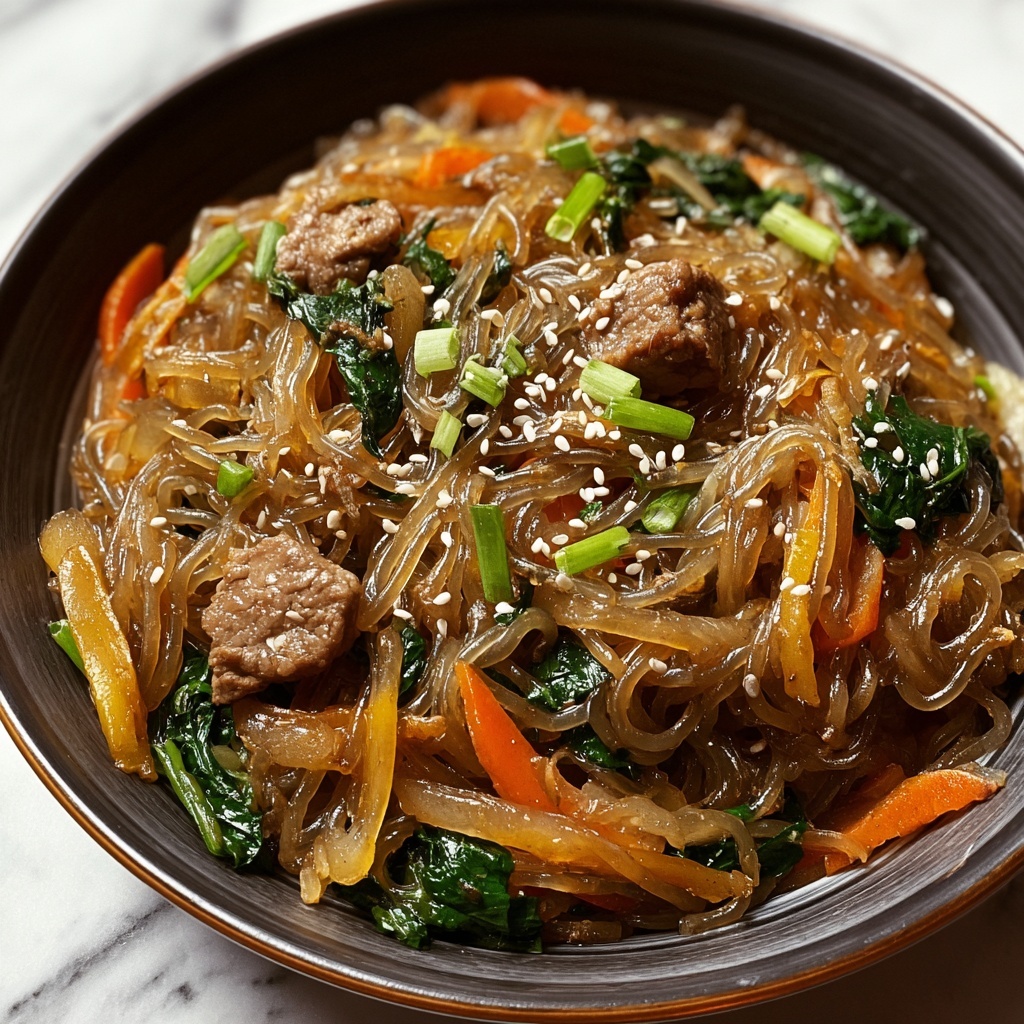 Delicious Japchae: Korean Stir-Fried Glass Noodles with Beef and Vegetables Recipe - Recipe Image