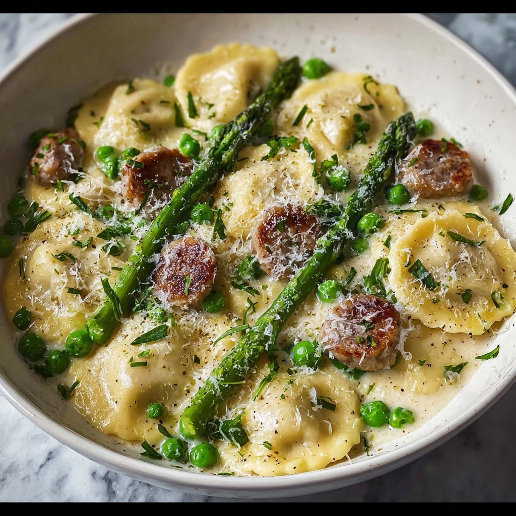 Asparagus Ravioli with Sausage and Peas Recipe - Recipe Image