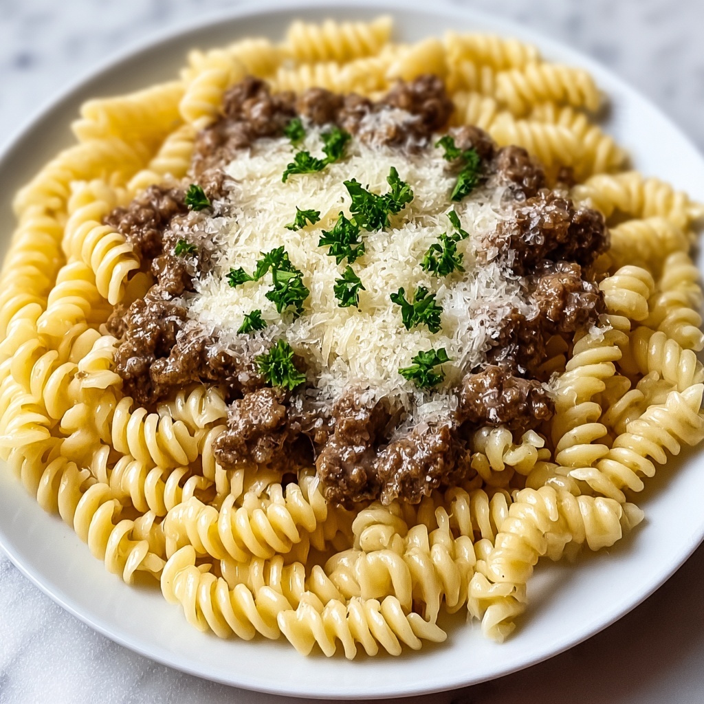 Beef and Rotini in Garlic Parmesan Sauce Recipe - Recipe Image