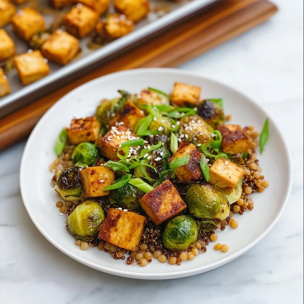 Roasted Brussels Sprouts and Crispy Tofu with Honey-Sesame Glaze Recipe - Recipe Image