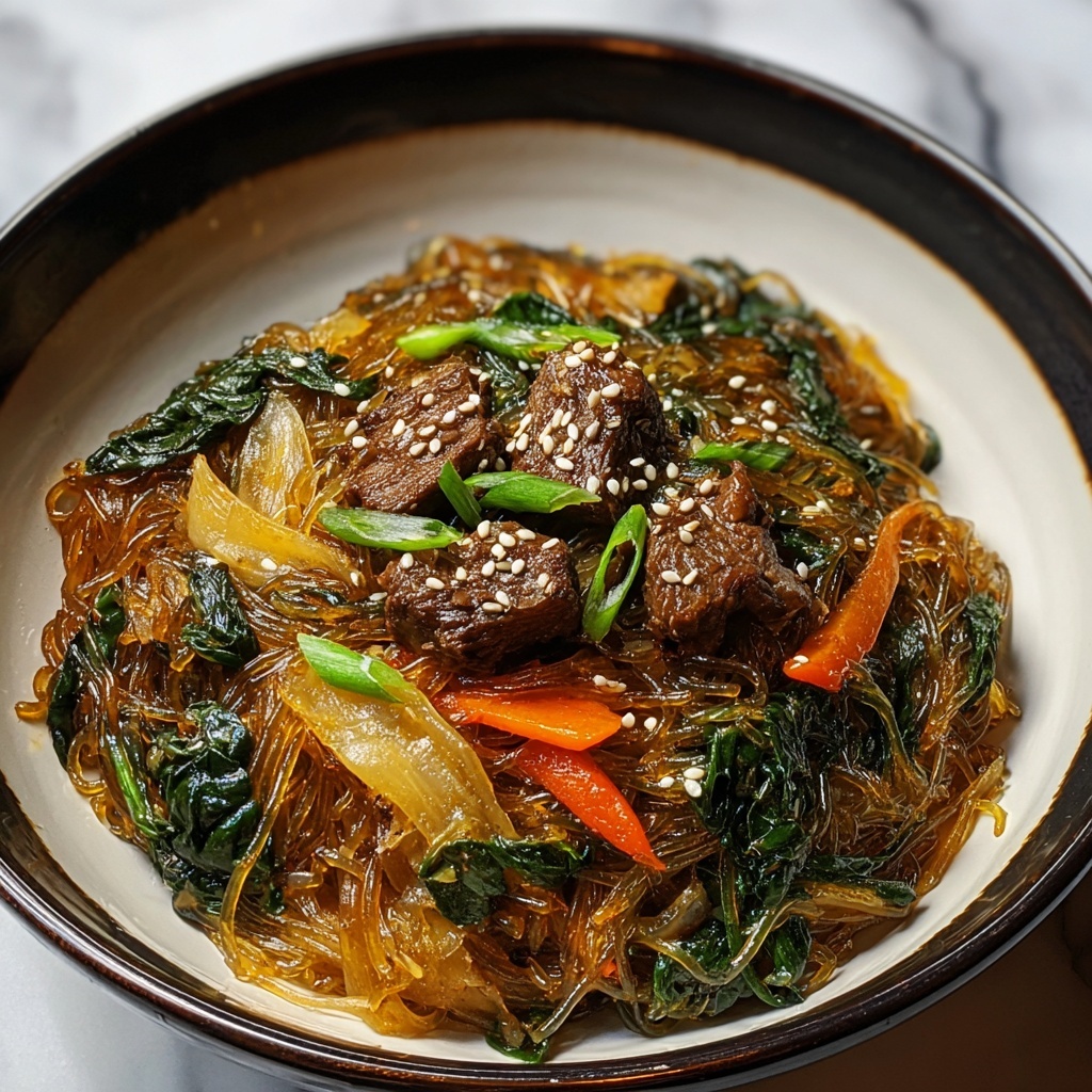 Delicious Japchae: Korean Stir-Fried Glass Noodles with Beef and Vegetables Recipe - Recipe Image