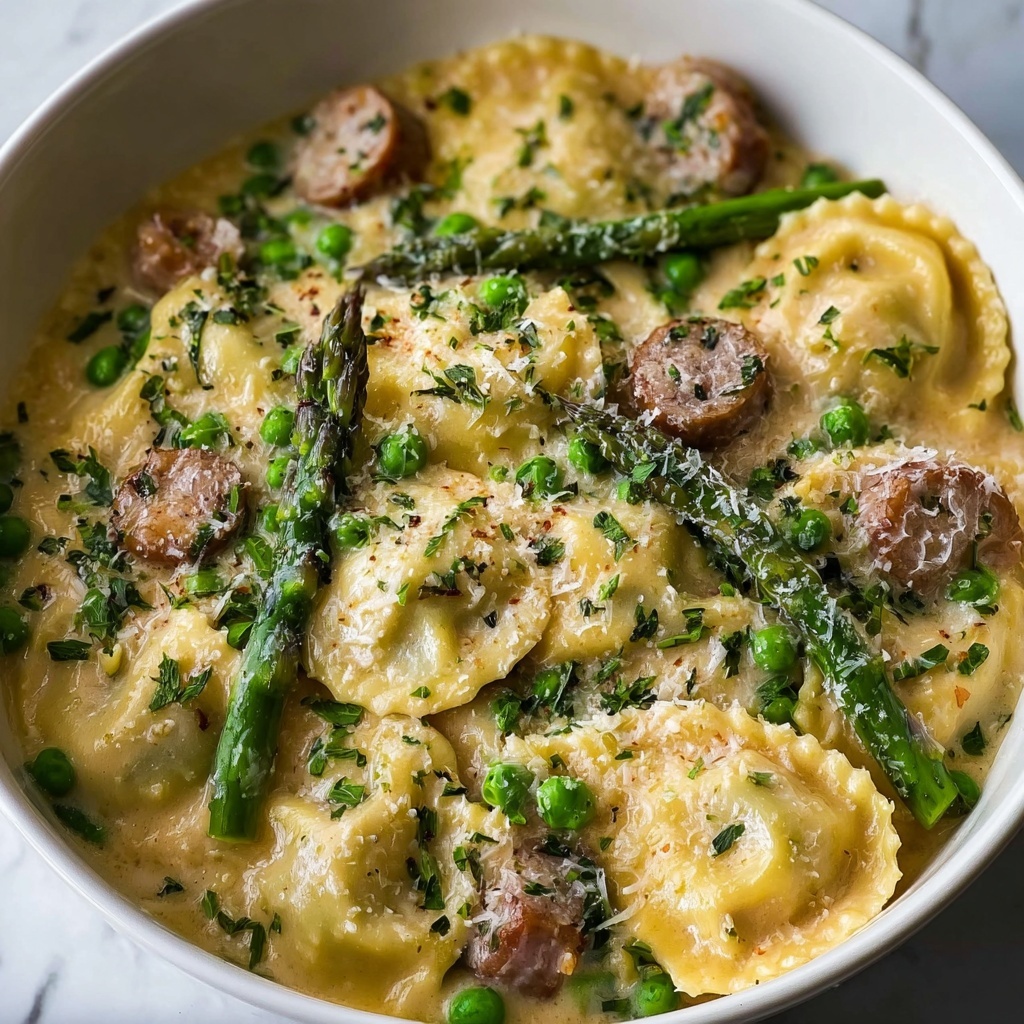Asparagus Ravioli with Sausage and Peas Recipe - Recipe Image