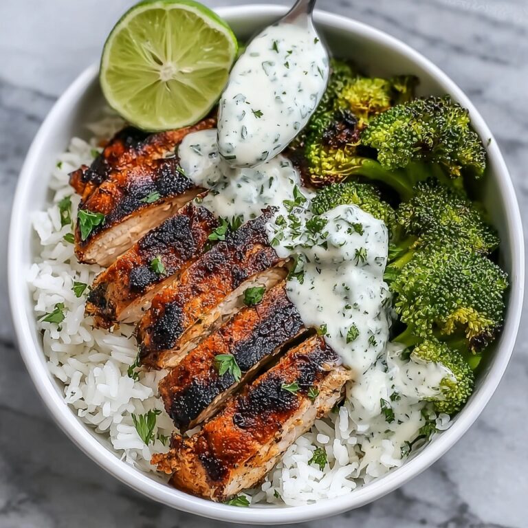 Grilled Chicken & Broccoli Bowls with Creamy Garlic Sauce Recipe