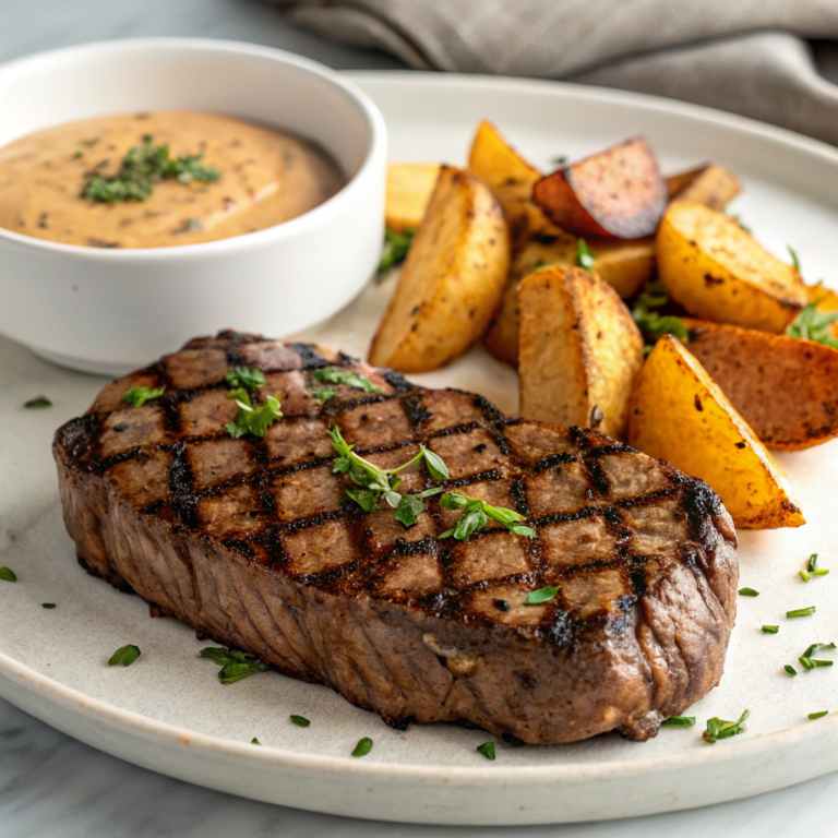 Tremendous Ribeye Steak with French Onions and Crispy French Fries Recipe