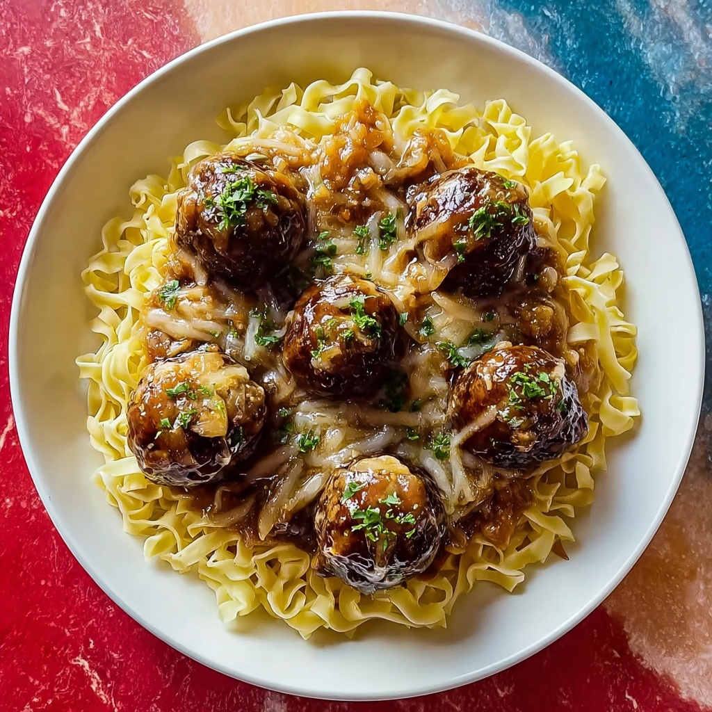 Saucy Skillet French Onion Meatballs with Egg Noodles Recipe - Recipe Image