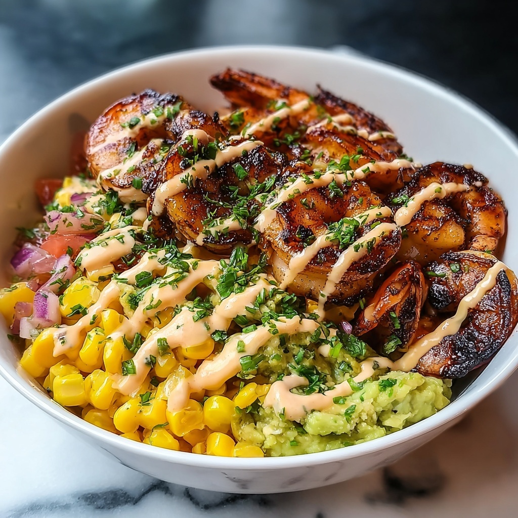 Grilled Shrimp Bowl with Avocado Corn Salsa & Creamy Garlic Sauce Recipe - Recipe Image