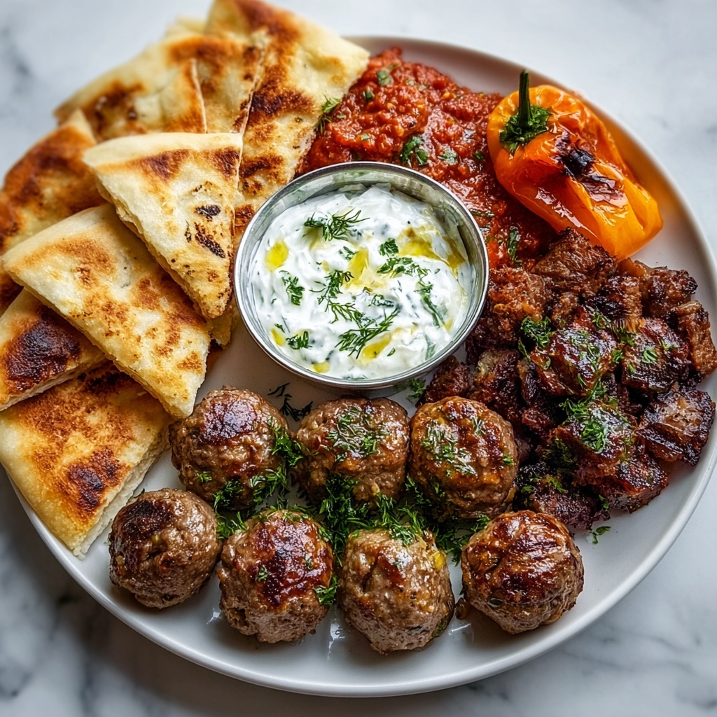 Greek Platter with Spicy Feta Wedges, Meatballs, Tzatziki, and Toasted Pitta Recipe - Recipe Image