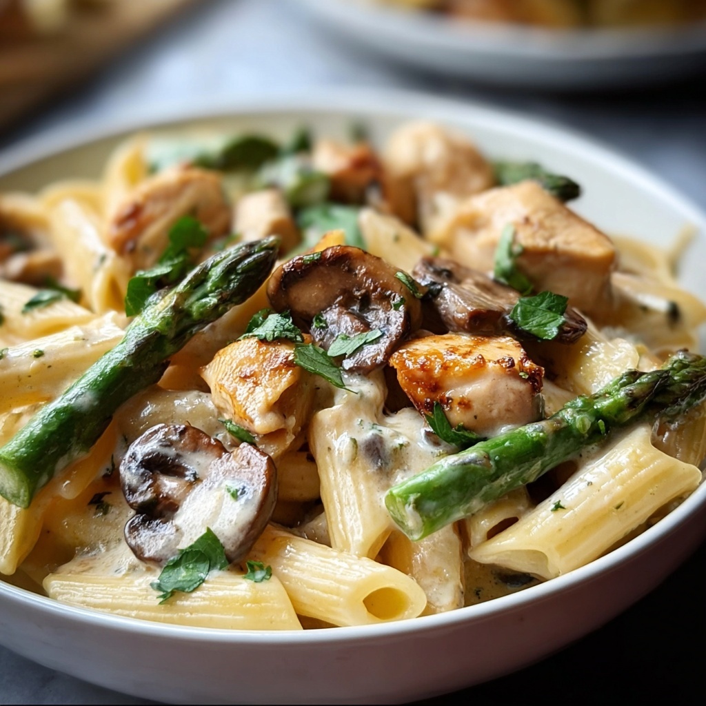 Creamy Mushroom and Asparagus Chicken Penne Recipe - Recipe Image