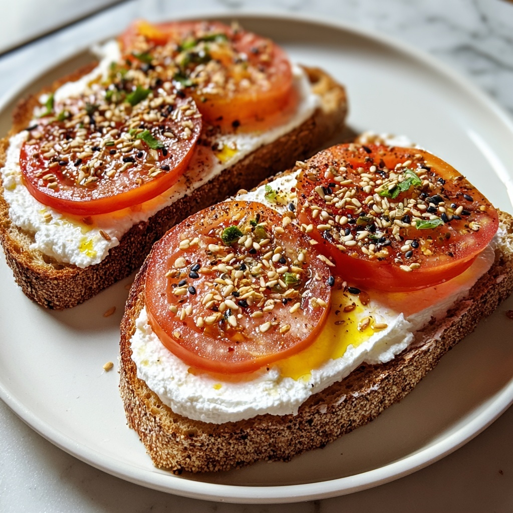 Ricotta & Tomato Toast with Sesame Seeds and Olive Oil Recipe - Recipe Image
