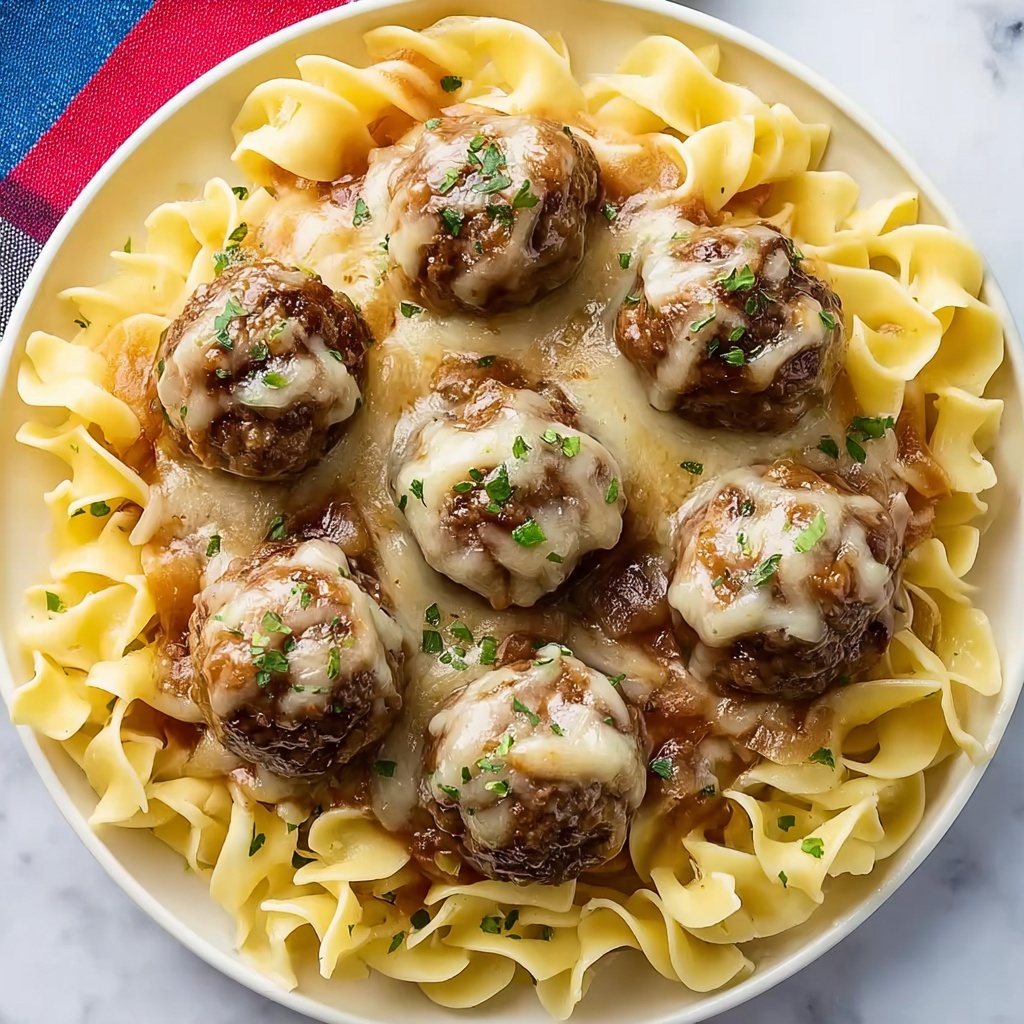 Saucy Skillet French Onion Meatballs with Egg Noodles Recipe - Recipe Image
