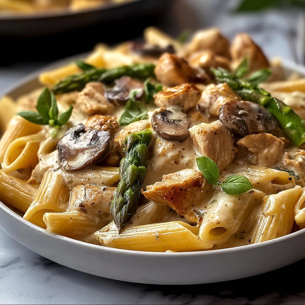 Creamy Mushroom and Asparagus Chicken Penne Recipe - Recipe Image