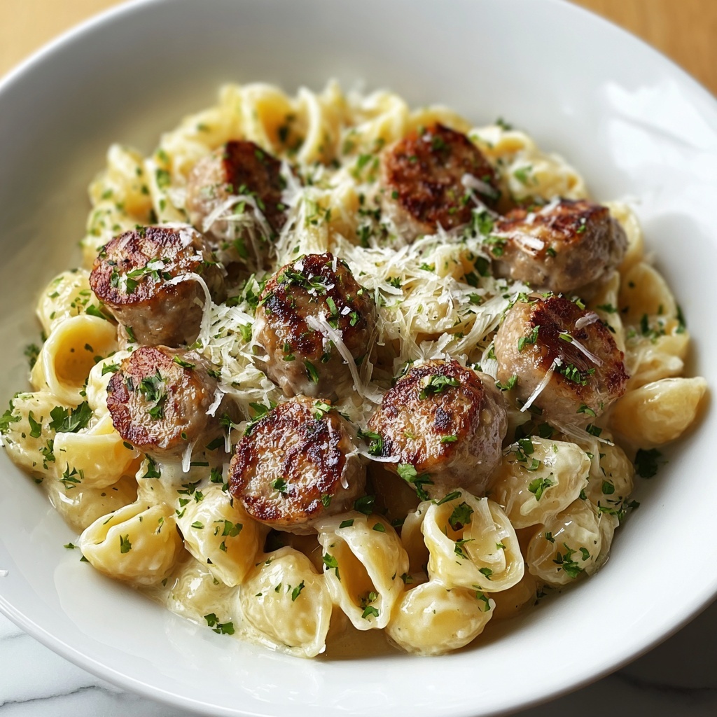 Garlic Butter Sausage with Creamy Parmesan Pasta Recipe - Recipe Image