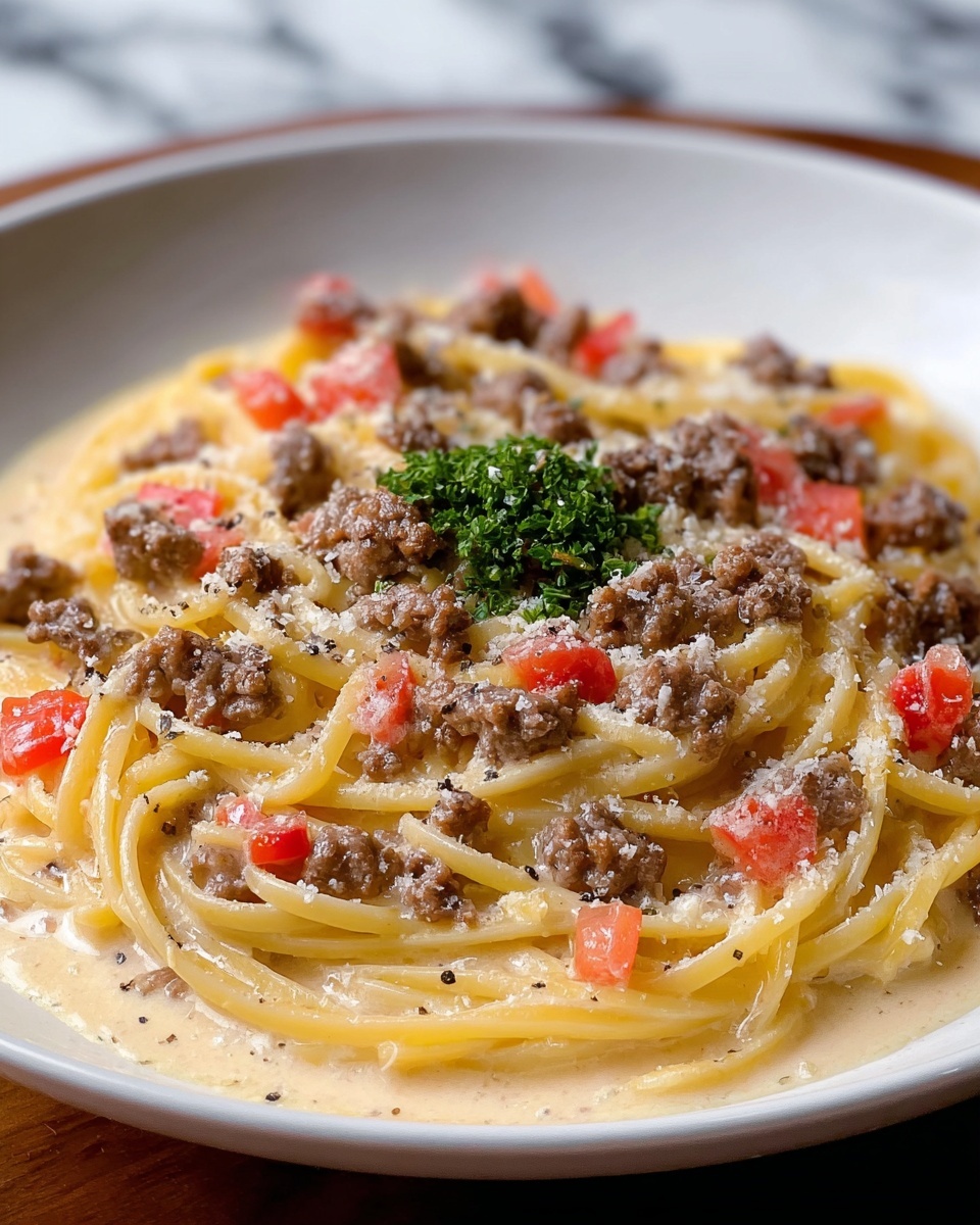 Creamy Italian Spaghetti with Ground Beef Recipe - Recipe Image