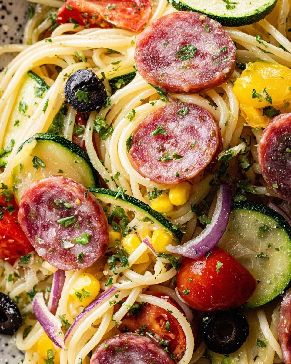 Spaghetti Salad with Fresh Vegetables, Salami, and Parmesan Recipe - Recipe Image