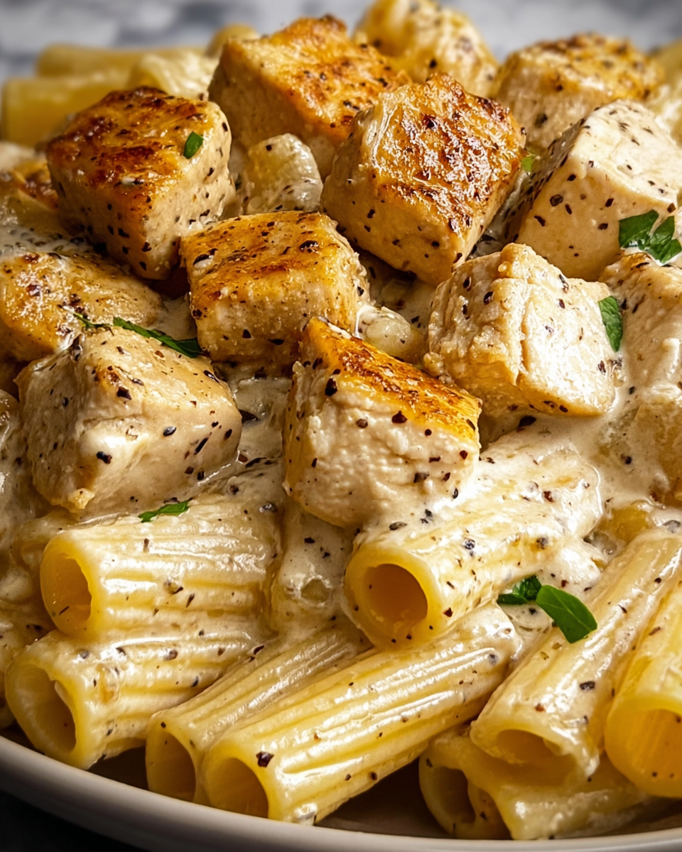 Creamy Garlic Butter Chicken and Rigatoni in Parmesan Sauce Recipe - Recipe Image